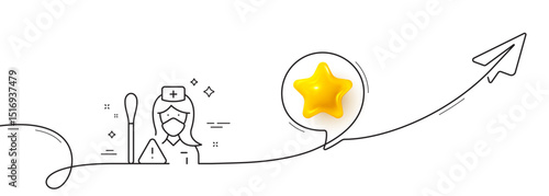 Nurse with Cotton swab line icon. Continuous line with share plane. Doctor assistant sign. Face protection symbol. 3d star in speech bubble. Nurse single line ribbon. Loop curve pattern. Vector