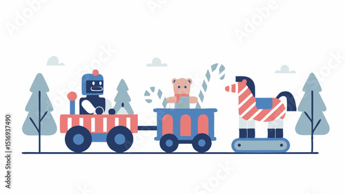 A whimsical toy train carrying a friendly robot teddy bear and rocking horse through a wintery