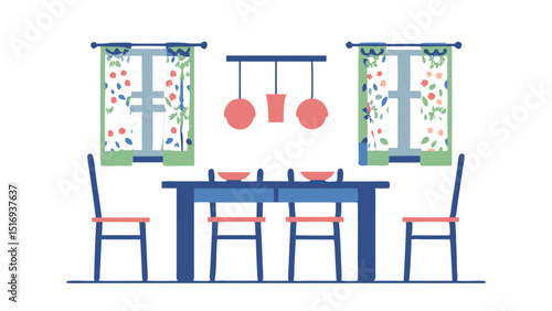Inviting dining area with a setting for two near bright windows showcasing floral curtains hand