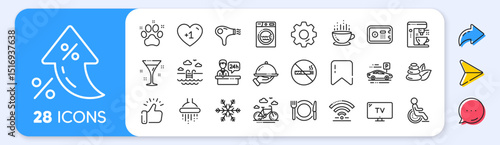 Hotel service line icons. Interest rate, AI generate, Inflation icons. Wi-Fi, Air conditioning and Coffee maker machine. Spa stones, swimming pool and bike rental icons. Vector