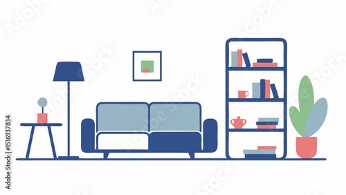 A charming minimalist living room beckons relaxation and cozy evenings featuring a curated bookcase