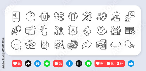 Flammable fuel, Timer and Hearing line icons pack. Social media: share, comment, like icons. Breathing exercise, Developers chat, Refrigerator web icon. Vector