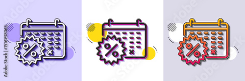 Calendar discounts line icon. Halftone dotted pattern. Gradient icon with grain shadow. Sale shopping sign. Clearance symbol. Line calendar discounts icon. Various designs. Vector