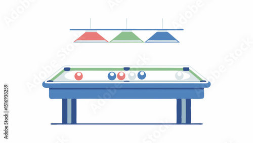 A colorful billiard table ready for a game of pool under vintage red green and blue shaded lamps