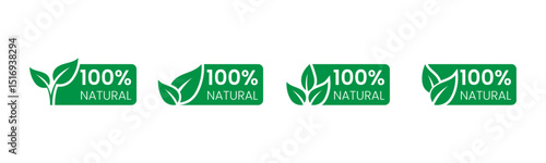 100% Natural Label Set. Green and white with leaf icon, label 100% Organic Natural Product for eco-friendly branding and packaging