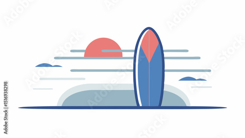 A solitary surfboard awaits the dawn dreaming of waves and ocean adventures on a serene beach scene