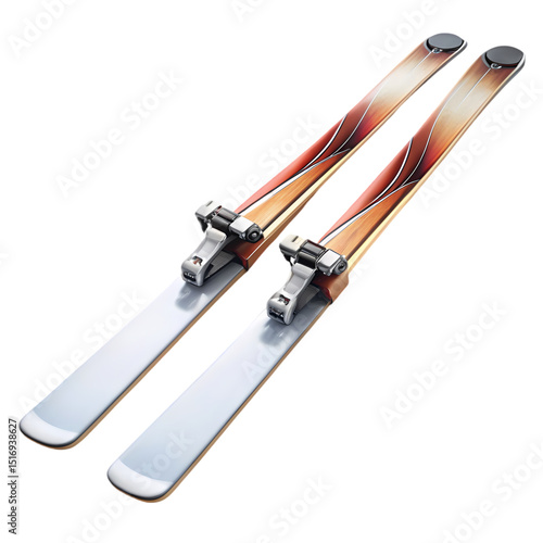 A Pair of Elegant Brown and White Skis with Bindings isolated on transparent baackground