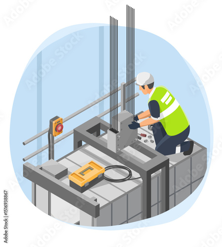 Technician performing elevator system maintenance on top of lift cabin inside building shaft to ensure mechanical functionality and operational safety compliance