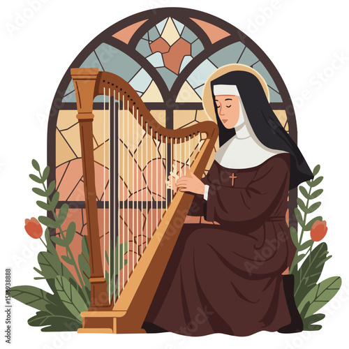 Nun playing harp while kneeling beside stained glass window  
