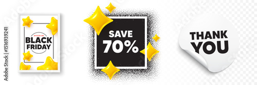 Discount photo frame 3d stars. Thank you sticker banner. Save 70 percent off tag. Sale Discount offer price sign. Special offer symbol. Black friday poster. Promo background. Vector