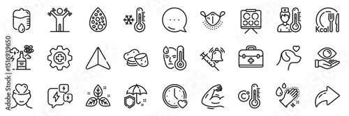 Washing hands, Potato and Fair trade line icons pack. Share, Message, Paper plane icons. Umbrella, Artificial colors, First aid web icon. Pets care, Thermometer, Health eye pictogram. Vector