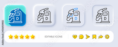 Diesel station line icon. Neumorphic, Flat shadow, 3d buttons. Filling station sign. DD fuel symbol. Line diesel station icon. Social media icons. Vector