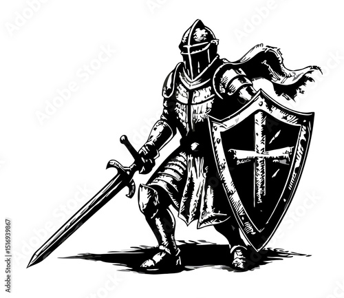 Medieval Knight in Full Armor with Sword and Shield