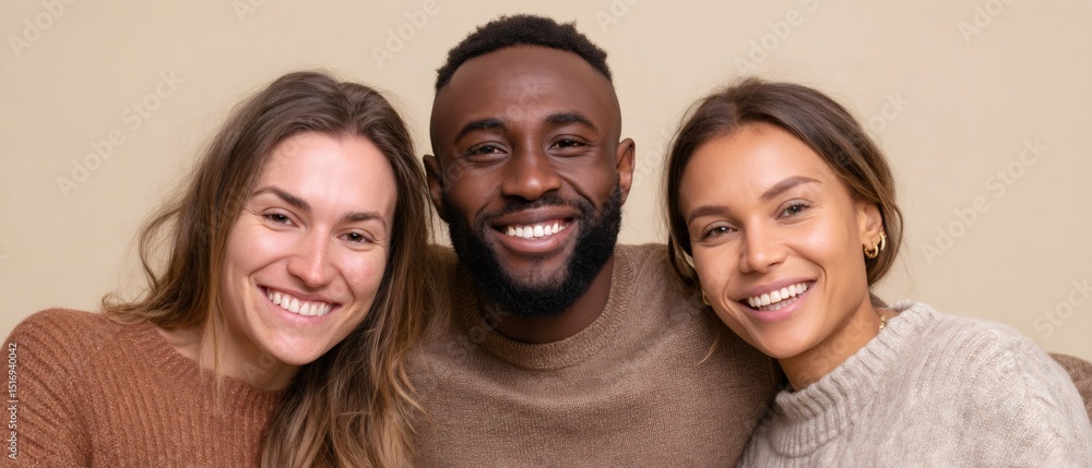 Three happy young adults smiling together on beige background Three happy young adults smiling together on beige background