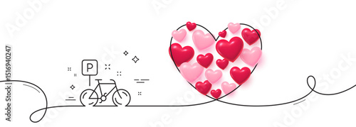 Bike line icon. Continuous line big heart. Bicycle parking sign. Urban traffic symbol. 3d hearts in heart shaped loop. Bike single line ribbon. Loop curve pattern. Vector