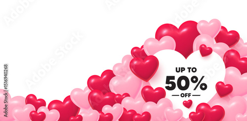 Discount tag heart shaped bubble. 3d hearts love background. Up to 50 percent off sale. Discount offer price sign. Special offer symbol. Save 50 percentages. Valentines day greeting card. Vector