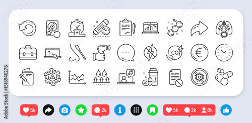 Timer, Recovery data and Waterproof line icons pack. Social media: share, comment, like icons. Clipboard, Vaccination passport, Diagram chart web icon. Vector