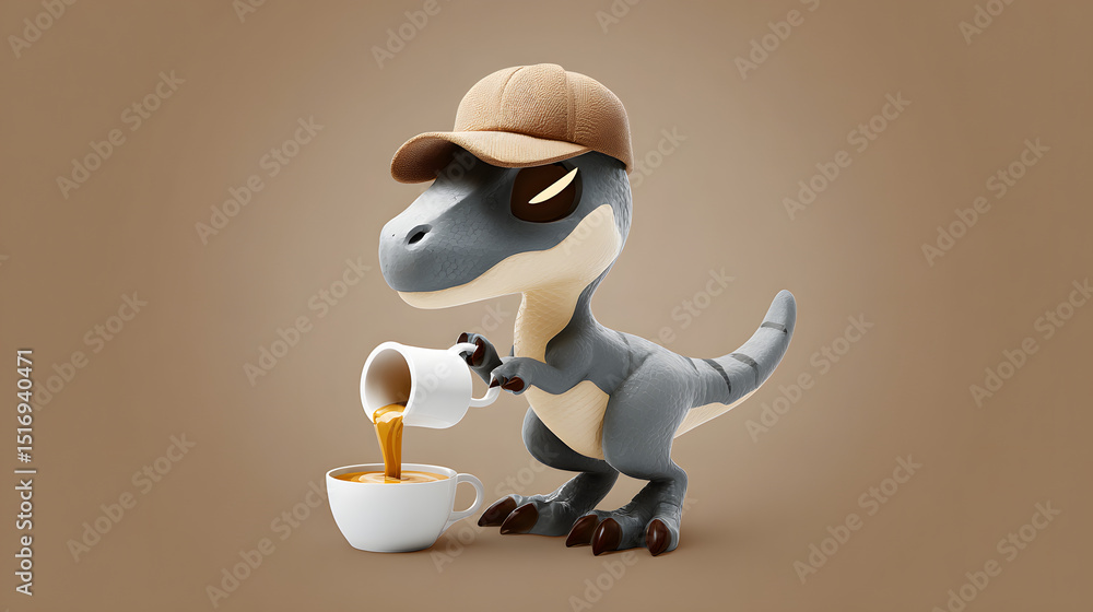 Fototapeta premium A cute cartoon dinosaur wearing a cap pours coffee into a cup on a plain brown background.