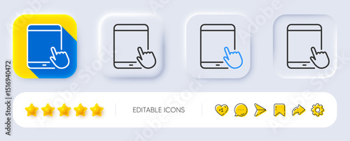 Tablet PC icon. Neumorphic, Flat shadow, 3d buttons. Mobile Device with Hand cursor sign. Touchscreen gadget symbols. Line tablet PC icon. Social media icons. Vector