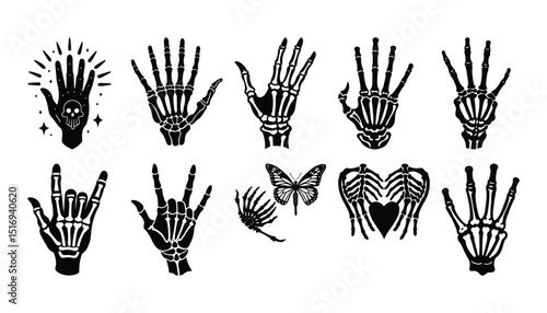 Black and white vector illustration of various stylized skeletal hand gestures