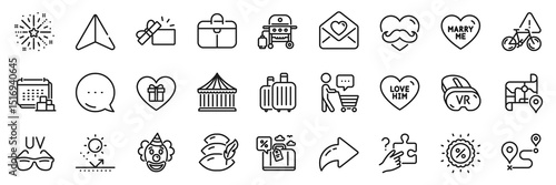 Buyer think, Sun protection and Delivery line icons pack. Share, Message, Paper plane icons. Gas grill, Carousels, Travel loan web icon. Father day, Fireworks explosion, Love letter pictogram. Vector