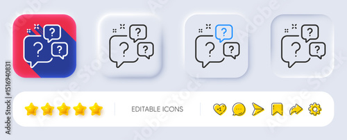 Question bubbles line icon. Neumorphic, Flat shadow, 3d buttons. Ask help sign. Faq questionnaire symbol. Line question bubbles icon. Social media icons. Vector