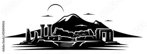pompeii ruins and vesuvius volcano silhouette