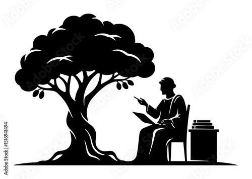 ancient philosopher writing under tree silhouette