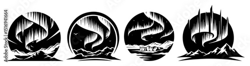 northern lights over mountains black vector shape