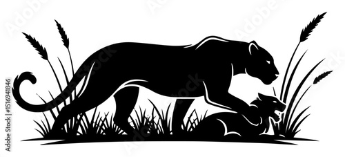 jaguar with cub in tall grass black vector shape