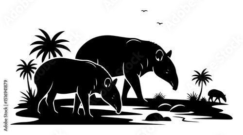 tapirs by river in rainforest black vector shape