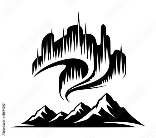 northern lights over mountains black vector shape