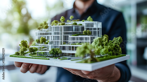 Architectural Model of a Modern Building with Greenery