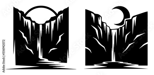 waterfalls at sunset and moonlight black vector shape