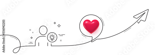 User line icon. Continuous line with share plane. Profile with Lamp bulb sign. Person silhouette with idea symbol. 3d heart in speech bubble. User idea single line ribbon. Loop curve pattern. Vector