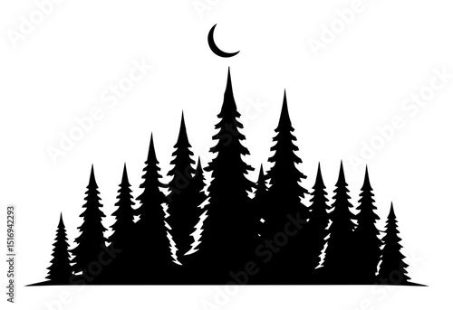 conifer forest with crescent moon black vector shape