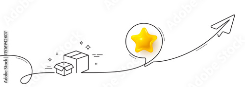 Packing boxes line icon. Continuous line with share plane. Delivery parcel sign. Cargo box symbol. 3d star in speech bubble. Packing boxes single line ribbon. Loop curve pattern. Vector