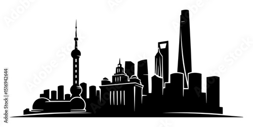 shanghai skyline black silhouette laser cutting and engraving vector shape