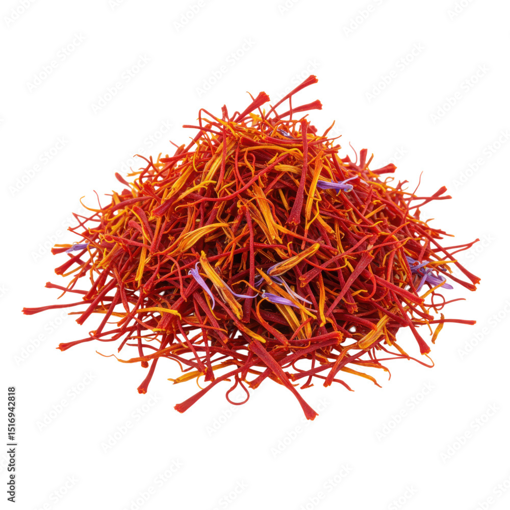 Fototapeta premium Close up shot of a pile of red and orange saffron threads on white background