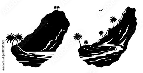 tropical island bay black silhouette laser cutting and engraving vector shape