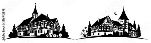 half timbered houses europe black silhouette laser cutting and engraving vector shape