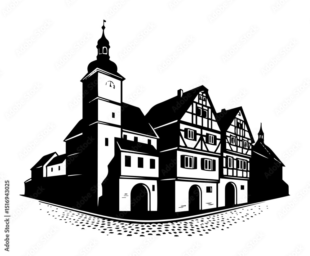 Obraz premium old german town buildings black silhouette laser cutting and engraving vector shape