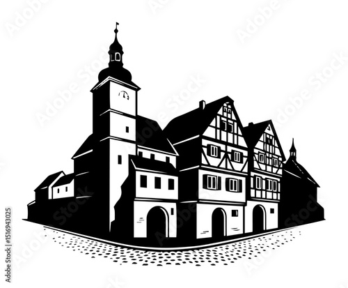 old german town buildings black silhouette laser cutting and engraving vector shape