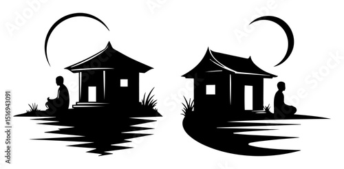 zen meditation huts moonlight black silhouette shape