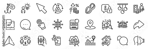 Sports arena, Mouse cursor and Pin line icons pack. Share, Message, Paper plane icons. Ecology app, Cursor, Fishing lure web icon. Peanut, International globe, Face id pictogram. Vector