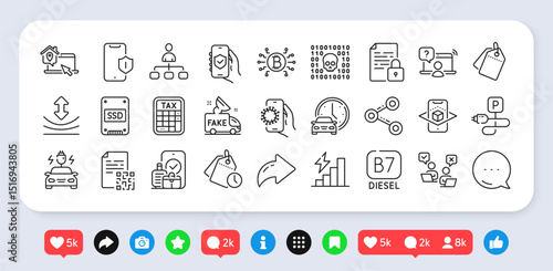 Share, Online question and Management line icons pack. Social media: share, comment, like icons. Ssd, Bitcoin system, Car charging web icon. Binary code, Book car, Qr code pictogram. Vector