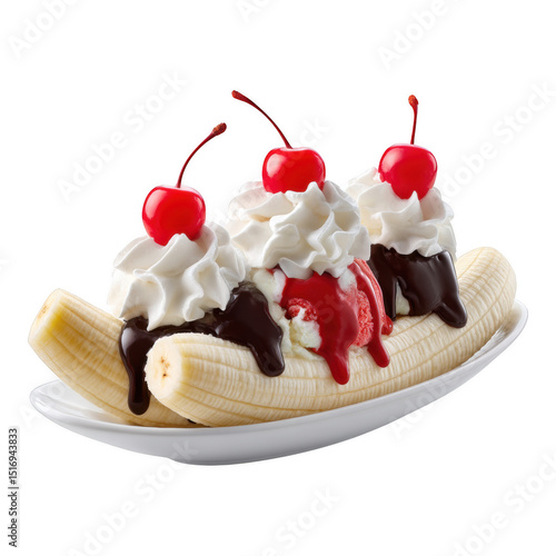 Delicious banana split with chocolate strawberry vanilla ice creams and whipped cream, isolated on transparent background