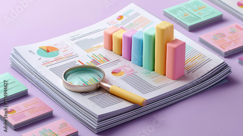 Colorful data visualization with magnifying glass on stacked business reports
