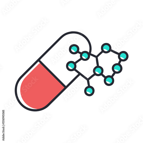 Capsule pill with molecular structure in flat style  