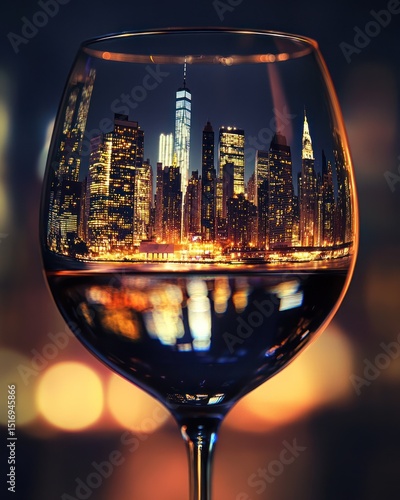 New York City skyline reflected in a wine glass at night